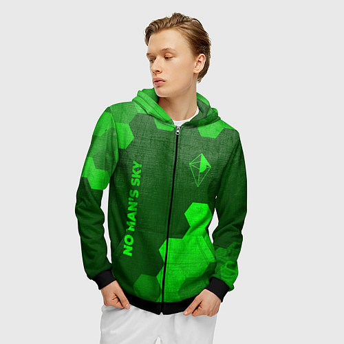 Мужская толстовка на молнии No Mans Sky - green gradient вертикально / 3D-Черный – фото 3