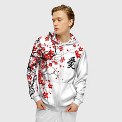 Толстовка 3D на молнии мужская Сакура с иероглифом Любовь, цвет: 3D-белый — фото 2