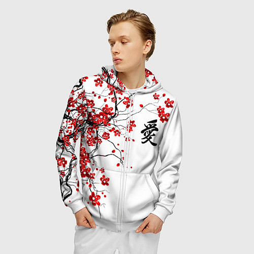 Мужская толстовка на молнии Сакура с иероглифом Любовь / 3D-Белый – фото 3