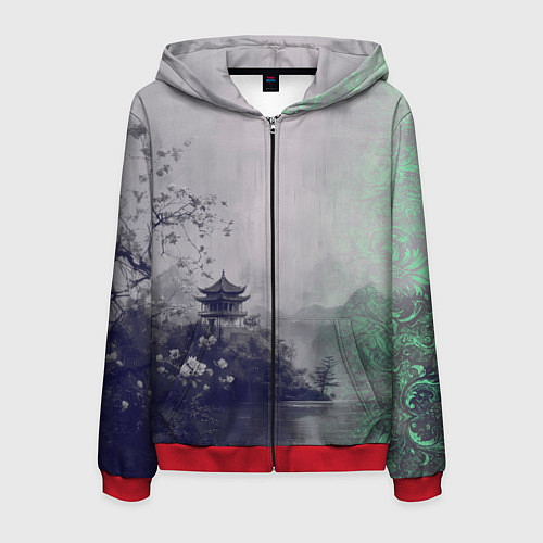 Мужская толстовка на молнии Рыбацкий домик на берегу озера / 3D-Красный – фото 1