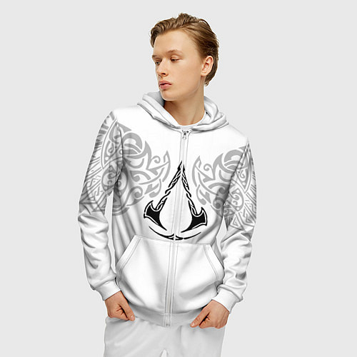 Мужская толстовка на молнии Ассасин Крид - узор ворон / 3D-Белый – фото 3