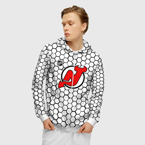 Мужская толстовка на молнии Нью Джерси Девилз - белые соты / 3D-Белый – фото 3