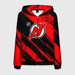 Толстовка 3D на молнии мужская Нью Джерси Девилз - красные потертости, цвет: 3D-черный