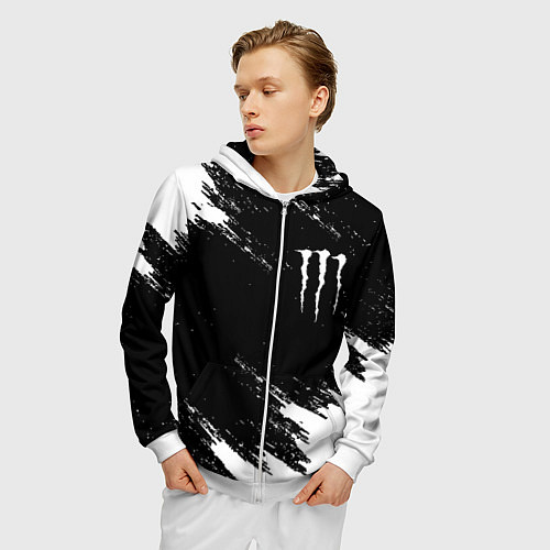Мужская толстовка на молнии Monster energy краски штрихи белые / 3D-Белый – фото 3