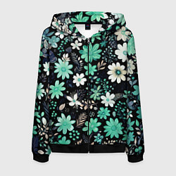 Толстовка 3D на молнии мужская Чёрный в зелёный цветочек стилизованный, цвет: 3D-черный