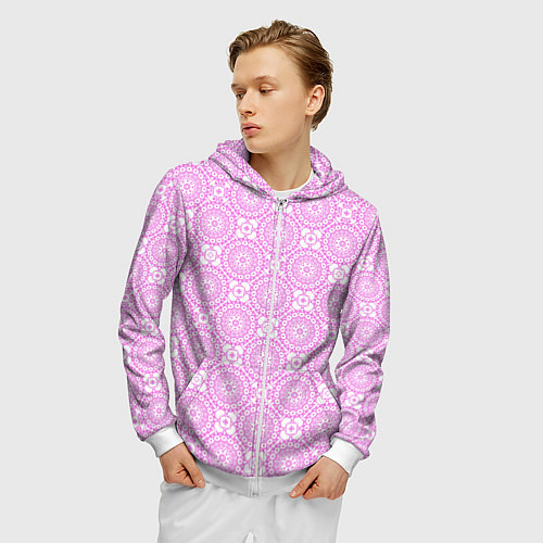 Мужская толстовка на молнии Бело розовый ажурный кружевной узор / 3D-Белый – фото 3