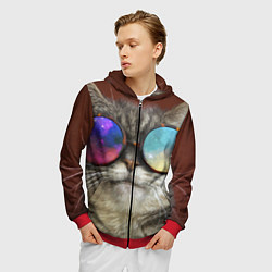 Толстовка 3D на молнии мужская A Cat with multicolored glasses, цвет: 3D-красный — фото 2