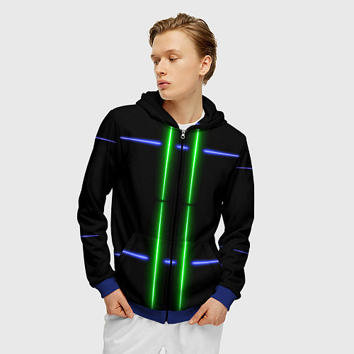 Мужская толстовка на молнии Neon black light blue green line / 3D-Синий – фото 3