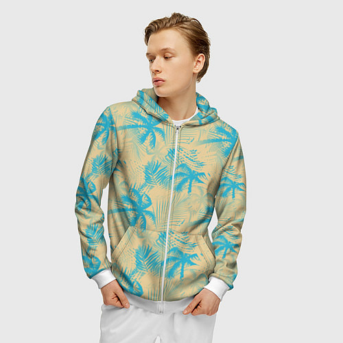 Мужская толстовка на молнии Palm light blue beige / 3D-Белый – фото 3