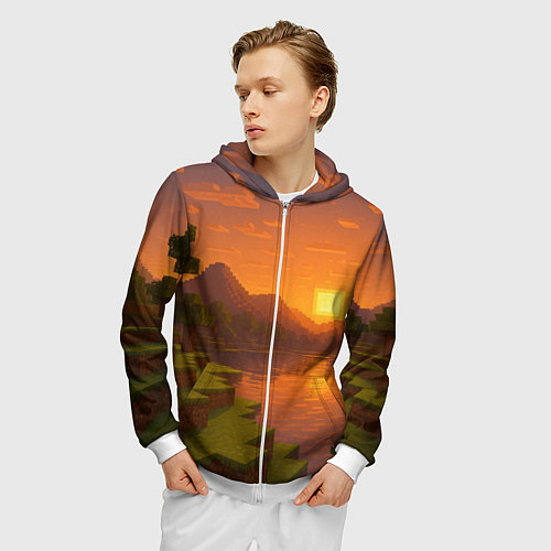 Мужская толстовка на молнии Закат - Minecraft / 3D-Белый – фото 3