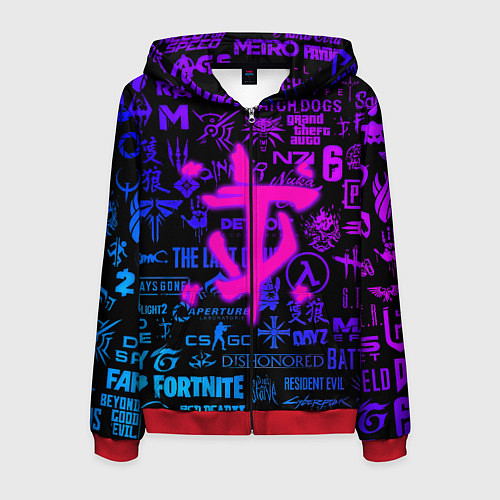 Мужская толстовка на молнии Doom логотипы игр неон / 3D-Красный – фото 1