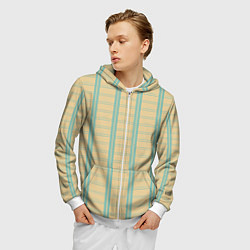 Толстовка 3D на молнии мужская Color beige cage light blue stripes, цвет: 3D-белый — фото 2
