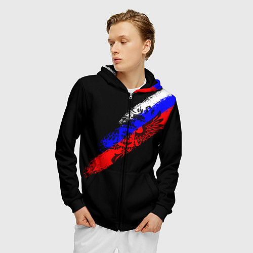 Мужская толстовка на молнии Герб на фоне цветов флага на чёрном фоне / 3D-Черный – фото 3