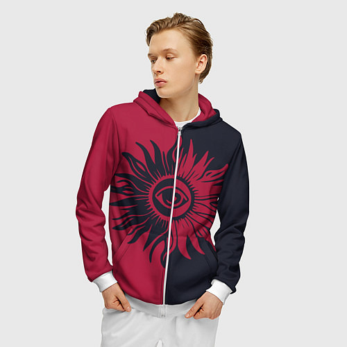 Мужская толстовка на молнии Солнце красно-синее / 3D-Белый – фото 3