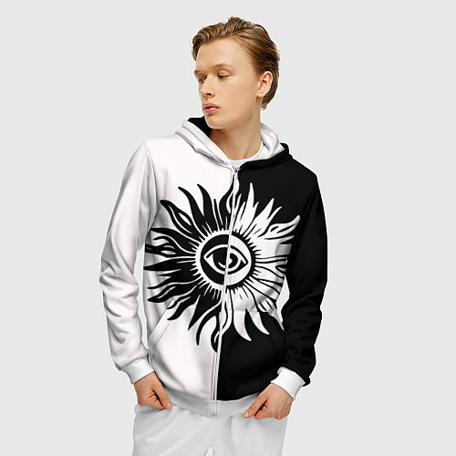 Мужская толстовка на молнии Солнце черно-белое / 3D-Белый – фото 3