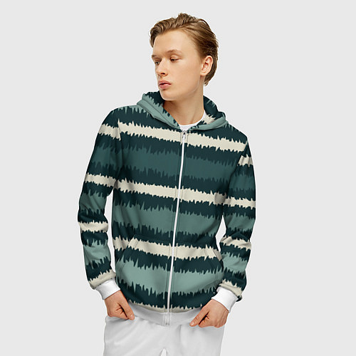Мужская толстовка на молнии Полосы зигзагообразные зеленые / 3D-Белый – фото 3