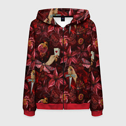 Толстовка 3D на молнии мужская Бордовая готика с сердцем, лилиями и мотыльками, цвет: 3D-красный