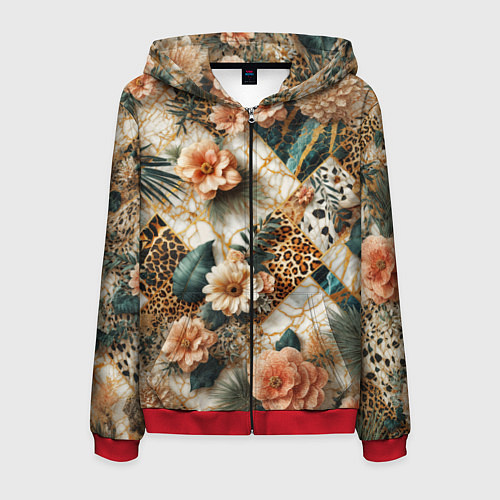 Мужская толстовка на молнии Цветы на кусках мрамора и леопардовом узоре / 3D-Красный – фото 1
