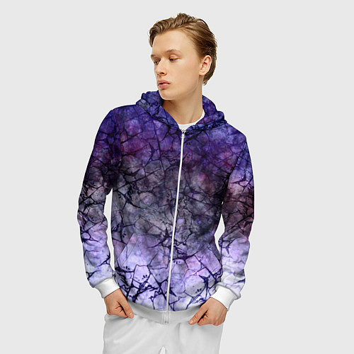 Мужская толстовка на молнии Абстракция - black cobweb on a blue-violet backgro / 3D-Белый – фото 3
