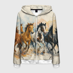 Толстовка 3D на молнии мужская Кони бегут, цвет: 3D-белый