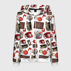 Толстовка 3D на молнии мужская Неваляшка утюг ретро авоська петушок телефон, цвет: 3D-белый