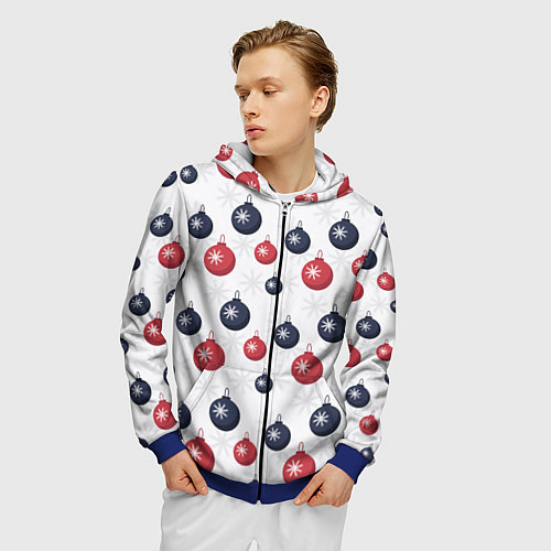 Мужская толстовка на молнии Синие и красные новогодние шары со снежинками / 3D-Синий – фото 3