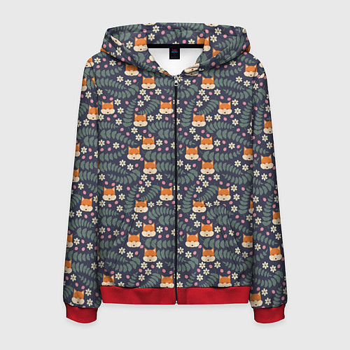 Мужская толстовка на молнии Лесной паттерн с лисьими мордами / 3D-Красный – фото 1