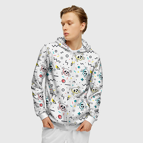 Мужская толстовка на молнии Паттерн с черепами и геометрическими фигурами на Х / 3D-Белый – фото 3