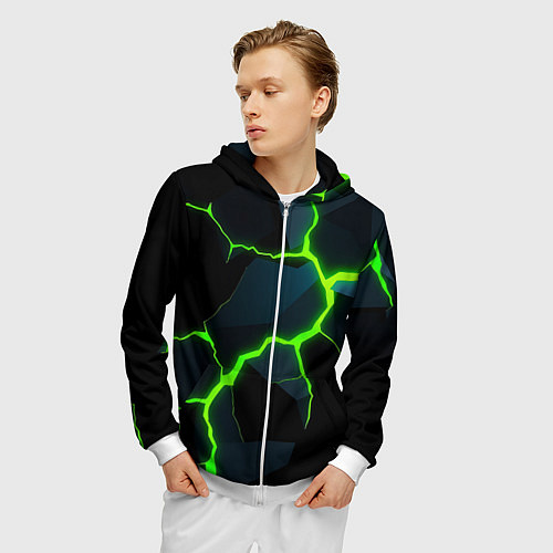 Мужская толстовка на молнии Glow green neon / 3D-Белый – фото 3