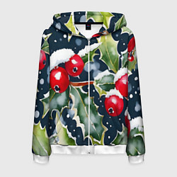 Толстовка 3D на молнии мужская Зимний остролист, цвет: 3D-белый