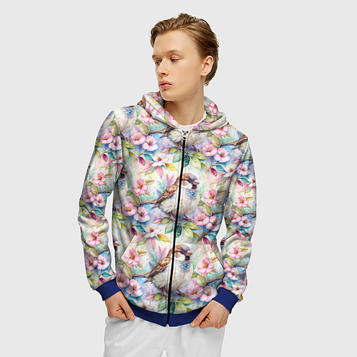 Мужская толстовка на молнии Воробей в ярких цветах паттерн / 3D-Синий – фото 3