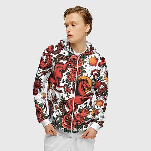 Мужская толстовка на молнии Красный конь в стиле татуировки / 3D-Белый – фото 3