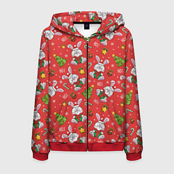 Толстовка 3D на молнии мужская Новогодний паттерн с зайчиком, цвет: 3D-красный