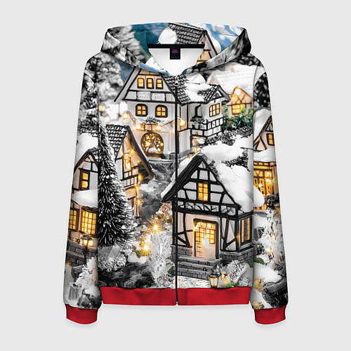 Мужская толстовка на молнии Объемные новогодние дома / 3D-Красный – фото 1