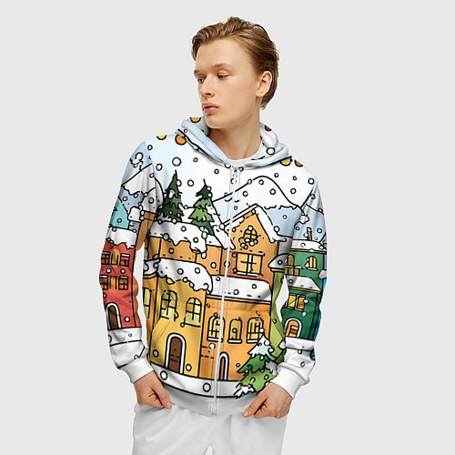 Мужская толстовка на молнии Новогодний снегопад / 3D-Белый – фото 3