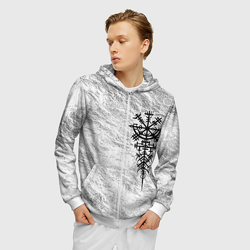 Мужская толстовка на молнии Вегвизир - компас рун в виде става / 3D-Белый – фото 3