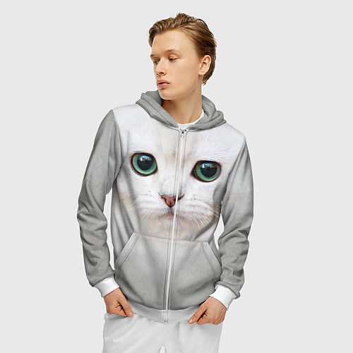 Мужская толстовка на молнии Белый котик / 3D-Белый – фото 3