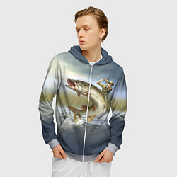 Толстовка 3D на молнии мужская Дерзская щука, цвет: 3D-меланж — фото 2