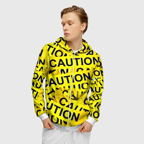 Мужская толстовка на молнии Caution / 3D-Белый – фото 3