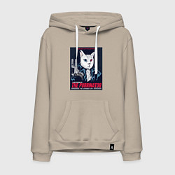 Толстовка-худи хлопковая мужская Кот Терминатор пародия, цвет: миндальный