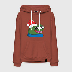 Толстовка-худи хлопковая мужская Pepe, pepe happy, Пепе хеппи, pepe happy new year, цвет: кирпичный