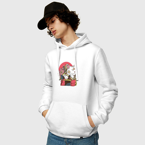 Мужская толстовка-худи Котик Самурай Samurai Cat Japanese art / Белый – фото 3