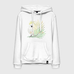 Толстовка-худи хлопковая мужская Белый попугай с хохолком на фоне листьев пальмы, цвет: белый