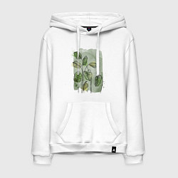 Толстовка-худи хлопковая мужская Нежные листья на акварельном фоне, цвет: белый