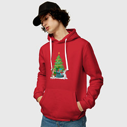Толстовка-худи хлопковая мужская Кролики елка и мешок подарков, цвет: красный — фото 2