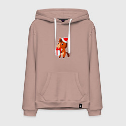 Толстовка-худи хлопковая мужская Мультяшная лошадка в шапке Санты, цвет: пыльно-розовый