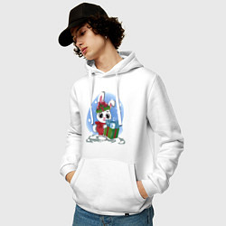 Толстовка-худи хлопковая мужская Rabbit with a New Years gift, цвет: белый — фото 2