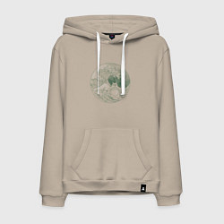 Толстовка-худи хлопковая мужская Тоторо серфит на большой волне в канагаве - зелены, цвет: миндальный