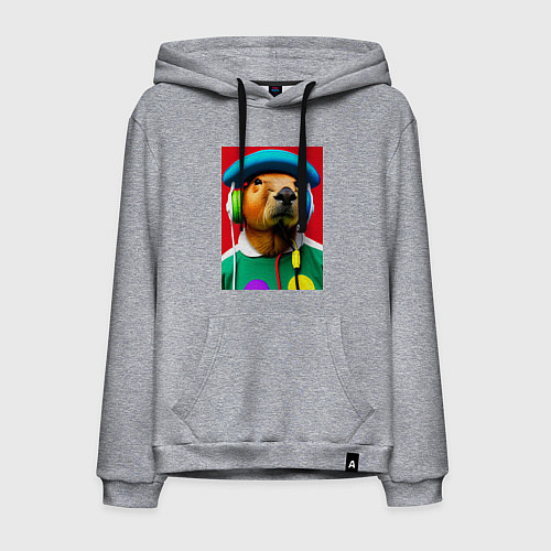 Мужская толстовка-худи Капибара в наушниках и шляпе - нейросеть / Меланж – фото 1