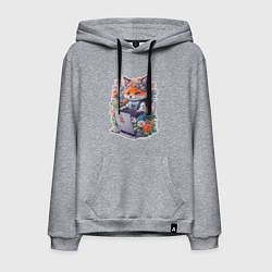 Толстовка-худи хлопковая мужская Лиса геймер за компьютером, цвет: меланж
